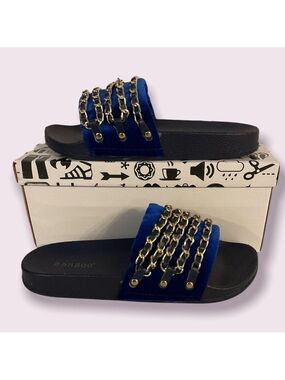BAMBOO Navy Chain Accent Slide On Shoes Size 7